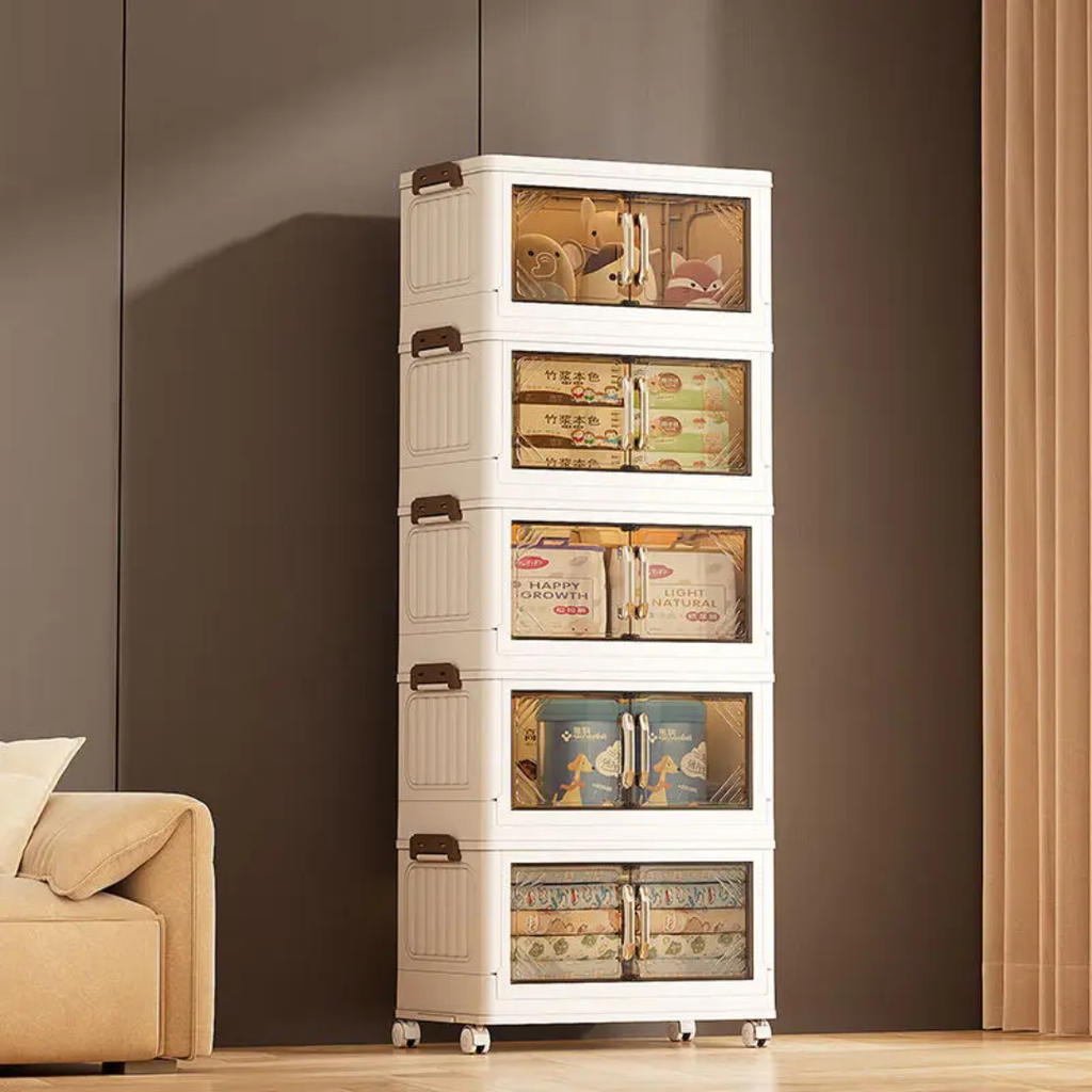 Armoire modulable à 5 niveaux avec portes transparentes et roulettes pivotantes