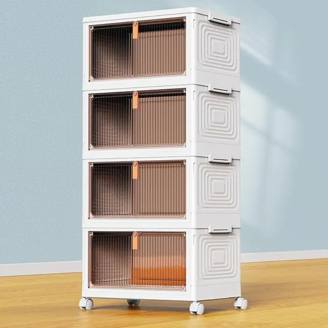 Armoire de rangement empilable à 4 tiroirs avec portes coulissantes et roulettes