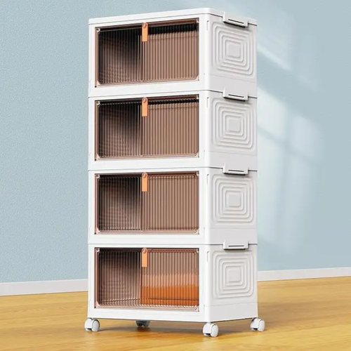 Armoire de rangement empilable à 4 tiroirs avec portes coulissantes et roulettes