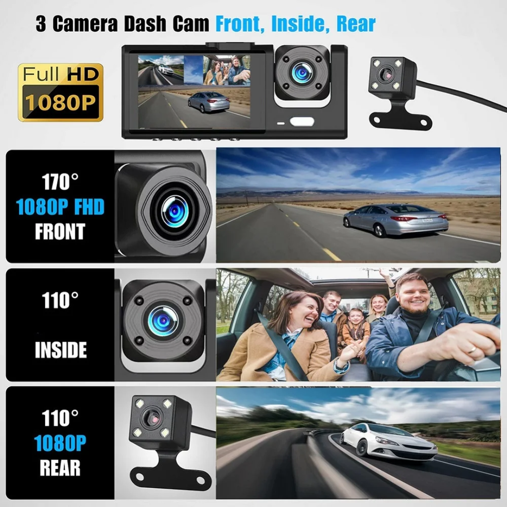 Dash Cam Voiture 3 Lenses – Full HD 1080p avec WiFi & Vision Nocturne