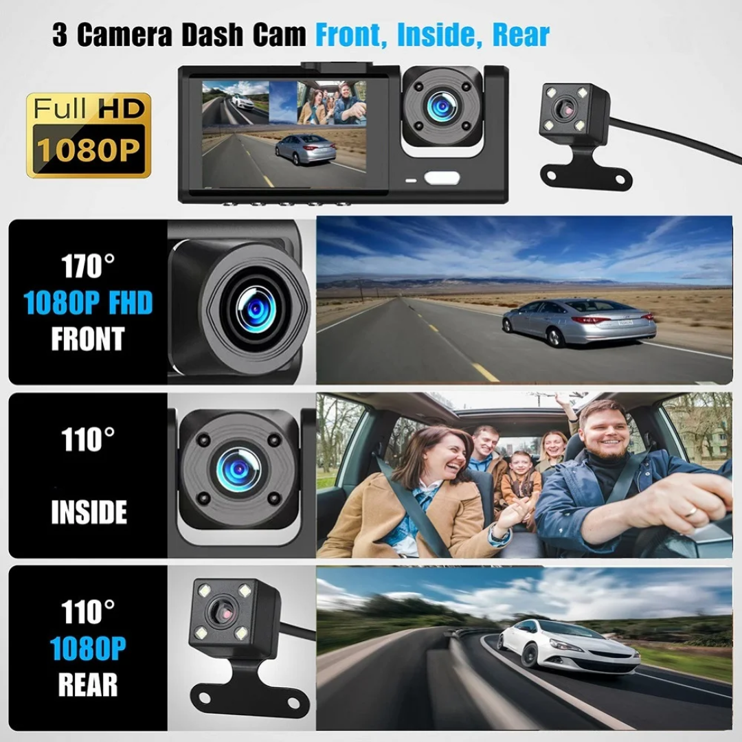 Dash Cam Voiture 3 Lenses – Full HD 1080p avec WiFi & Vision Nocturne