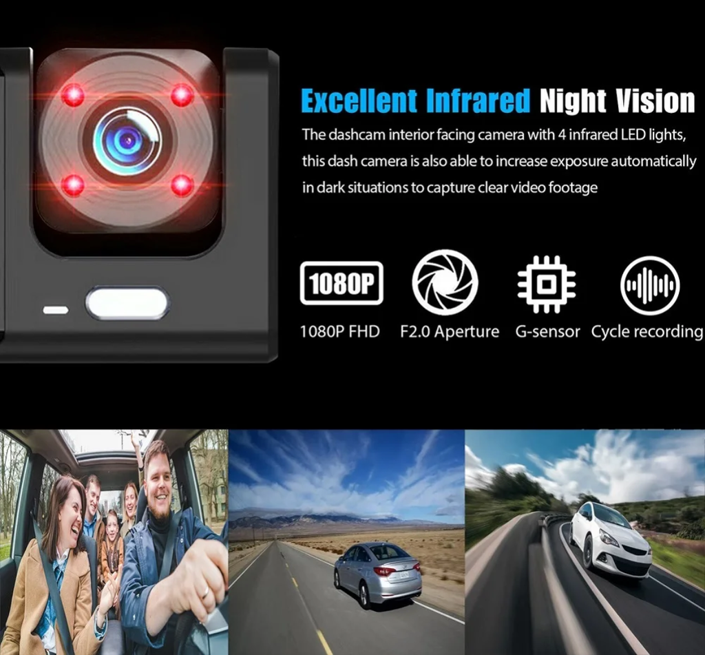 Dash Cam Voiture 3 Lenses – Full HD 1080p avec WiFi & Vision Nocturne
